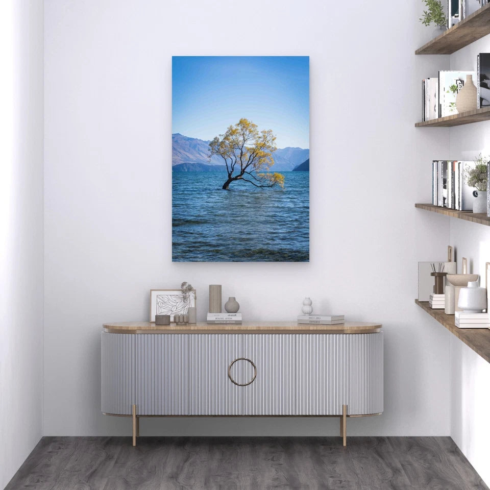Tree By Sea Against Clear Blue Sky 40x60cm Metal Print Ready to Hang