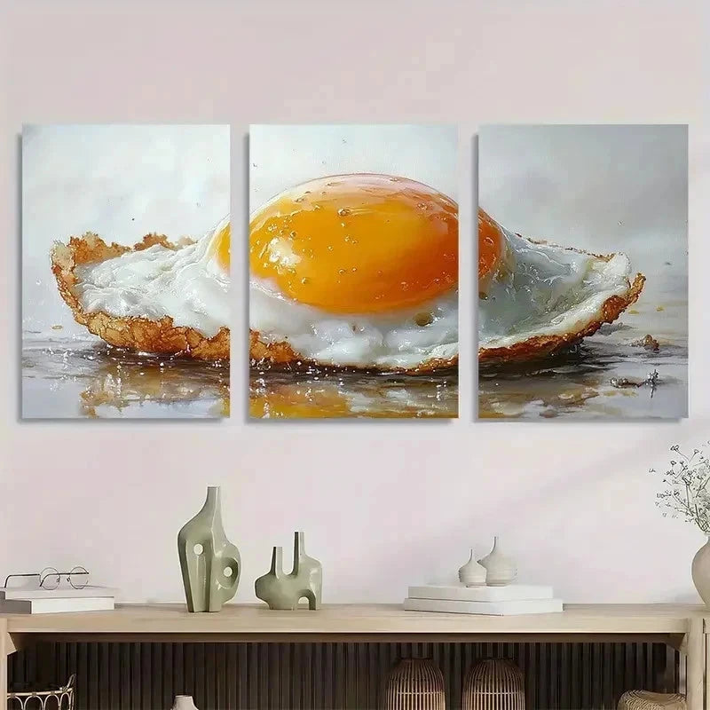 3pcs Sunnyside Up Egg Kitchen Vibrant Perfect Wall Art Set Canvas Framed 50x70cm - High Quality Print 100% Australian Made Wall Canvas Ready to Hang