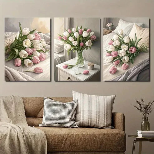 3pcs Tulip Flower Bouquet Botanical Flower Wall Art Set Canvas Unframed - High Quality Print 100% Australian Made Wall Canvas