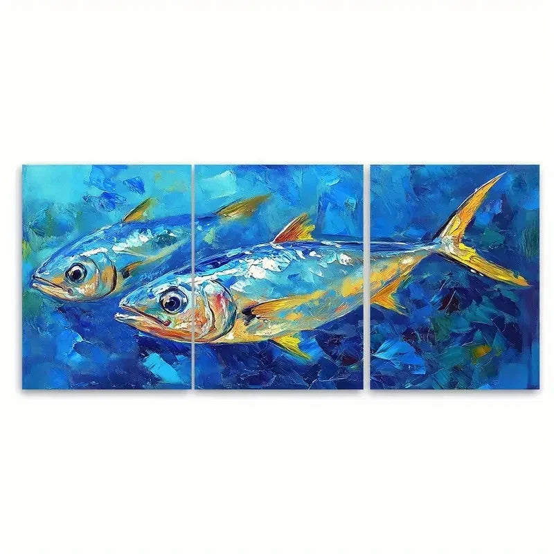 3pcs Sardine Painting Fish Artwork RT Wall Art Set Canvas Framed 50x70cm - High Quality Print 100% Australian Made Wall Canvas Ready to Hang