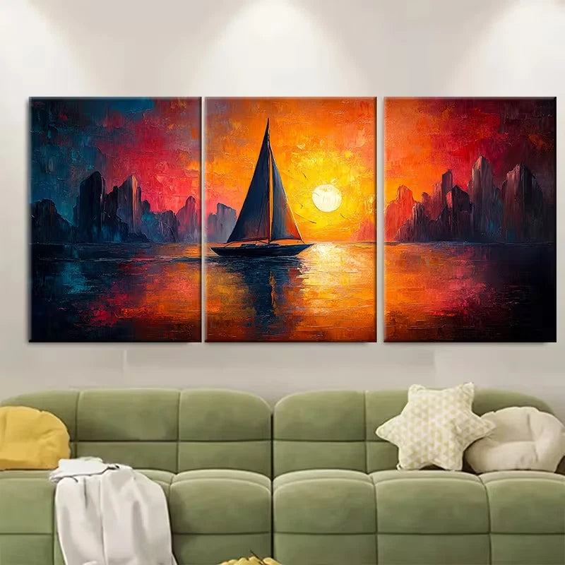 3pcs Sailboat Abstract Minimalist Metal Print Ready to Hang Art