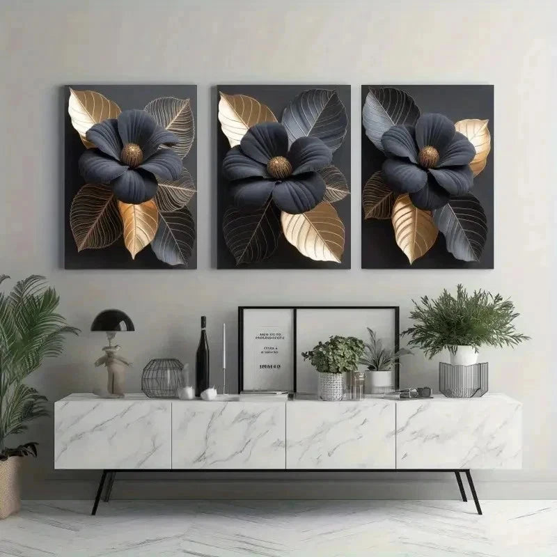3pcs Black & Golden Floral Canvas Wall Art Set Canvas Framed 40x60cm - High Quality Print 100% Australian Made Wall Canvas Ready to Hang - Bella Home Decor