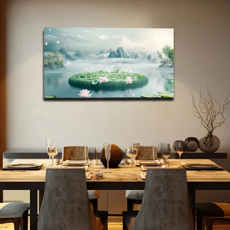 Serene Water Lily Island Wall Art Canvas Office Home Room Framed 120x60cm