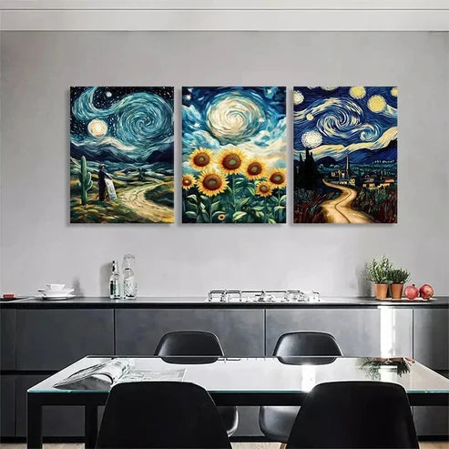 3pcs Starry Night Sunflower Swirl Sky Art Set Canvas Unframed - High Quality Print 100% Australian Made Wall Canvas