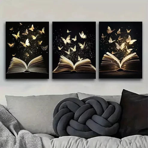 3 PCS Enchanted Book Wrapped Pine Wood Frame Wall Art Set Canvas Unframed - High Quality Print 100% Australian Made Wall Canvas - Bella Home Decor