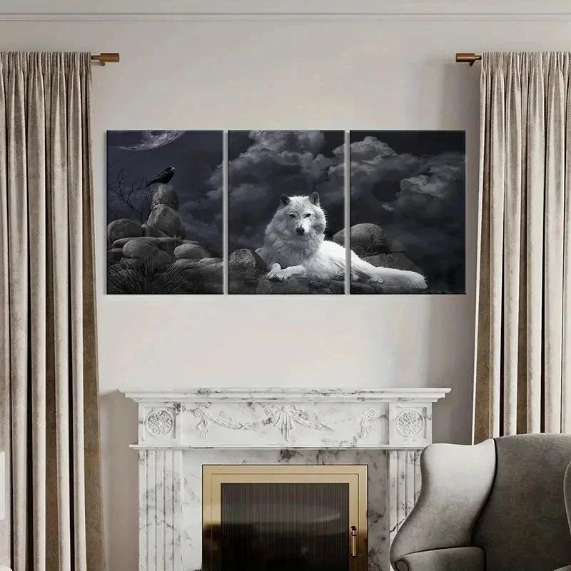 3pcs Wolf Crow Dark Style Vintage Wall Art Set Canvas Framed 50x70cm - High Quality Print 100% Australian Made Wall Canvas Ready to Hang