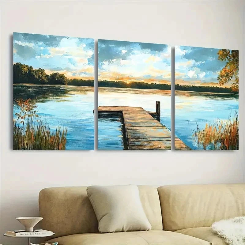 3pcs Serene Lake Elkhorn Maryland Wall Art Set Canvas Framed 60x90cm - High Quality Print 100% Australian Made Wall Canvas Ready to Hang