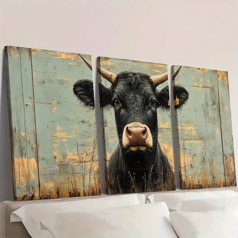 3pcs Playful Rustic Cow Vintage Blue Wall Art Set Canvas Framed 60x90cm - High Quality Print 100% Australian Made Wall Canvas Ready to Hang