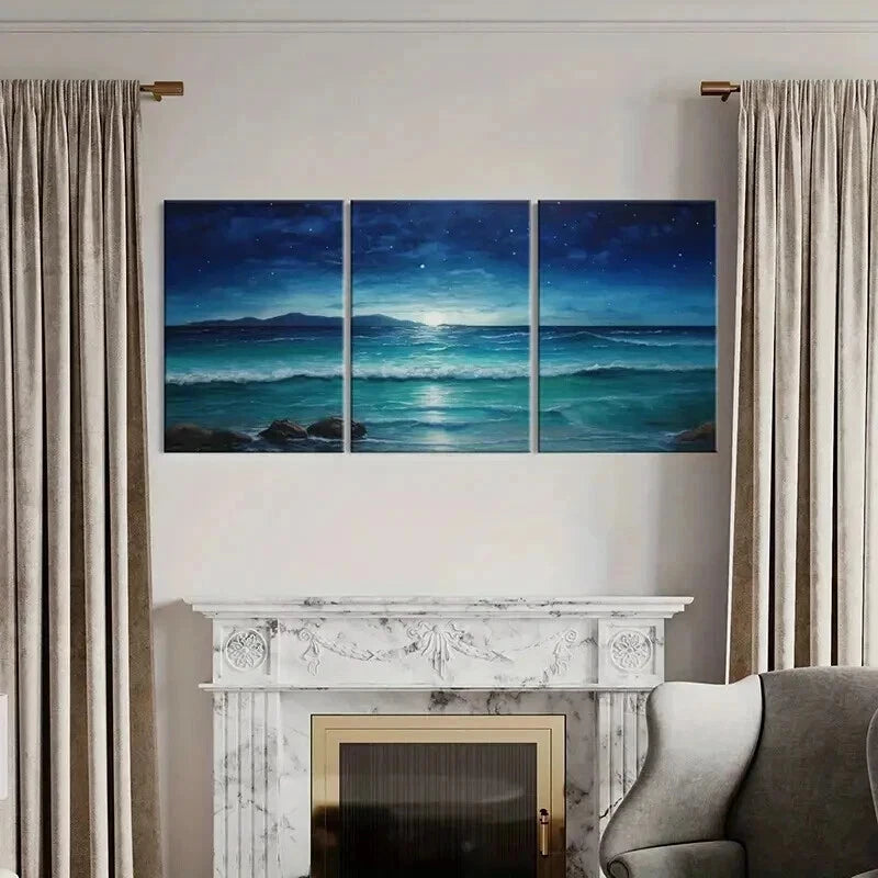 3pcs Natural Sea View At Night Starry Sky Wall Art Set Canvas Framed 40x60cm - High Quality Print 100% Australian Made Wall Canvas Ready to Hang - Bella Home Decor