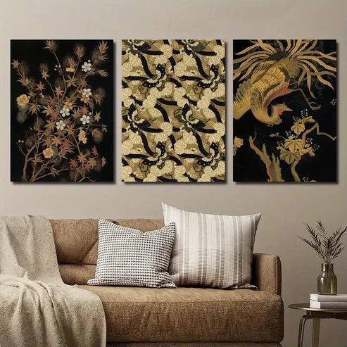 3pcs Dark Japanese Botanical Floral & Bird Wall Art Set Canvas Unframed - High Quality Print 100% Australian Made Wall Canvas - Bella Home Decor