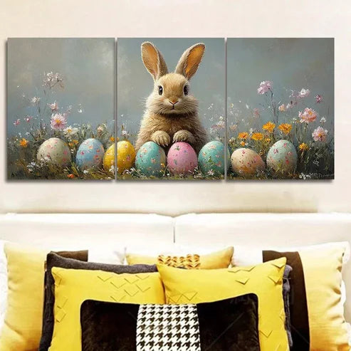 3 PCS Adorable Easter Bunny With Eggs Wall Art Set Canvas Unframed - High Quality Print 100% Australian Made Wall Canvas - Bella Home Decor