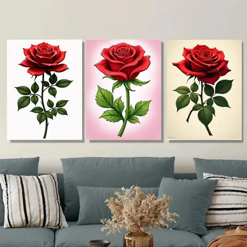 3pcs Elegant Red Rose Triptych Classic & Glam Wall Art Set Canvas Unframed - High Quality Print 100% Australian Made Wall Canvas