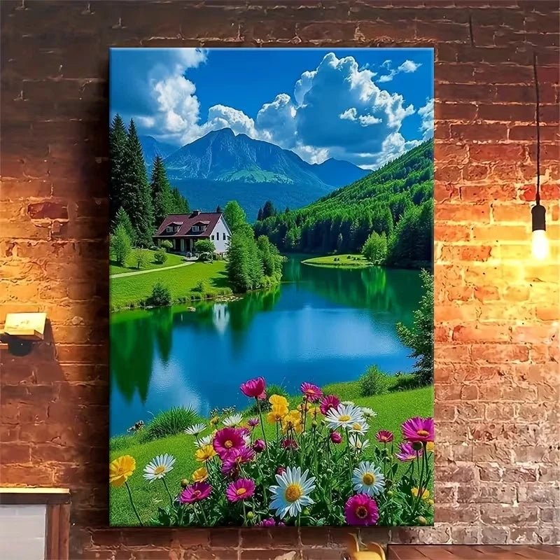 Lakeside House with Flower Bed 60x90cm Metal Print Ready to Hang