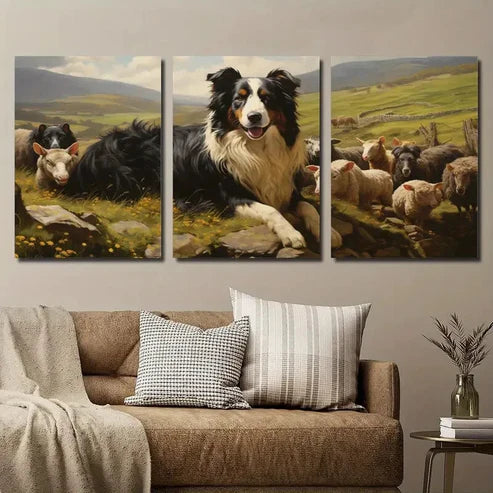 3pcs Sheepdog & Sheep Meadow Scene Wall Art Canvas Unframed - High Quality Print 100% Australian Made Wall Canvas