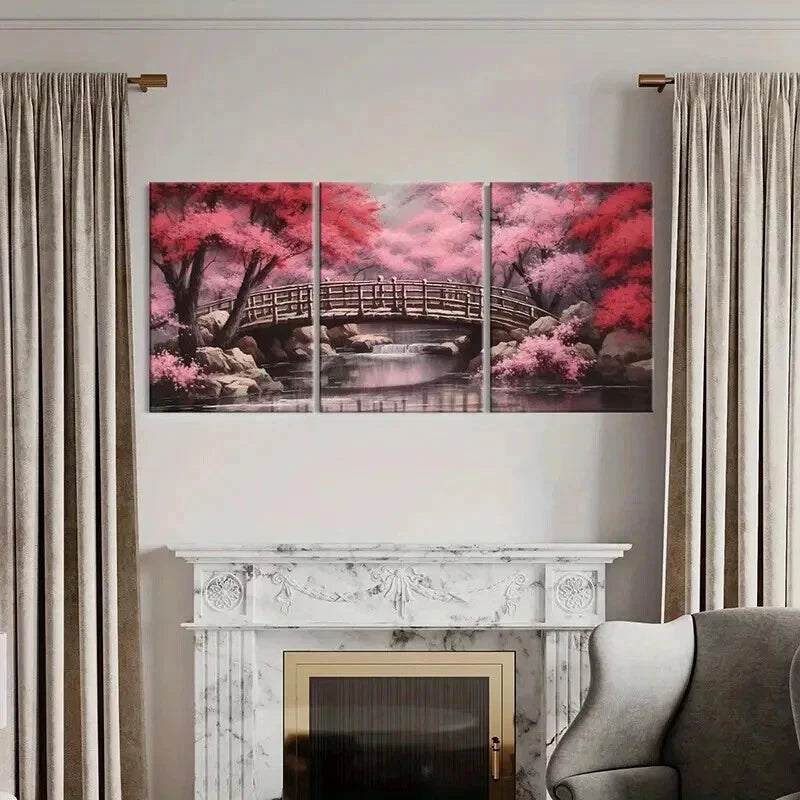 3pcs Japanese Style Cherry Blossom Tree & River Wall Art Set Canvas Framed 50x70cm - High Quality Print 100% Australian Made Wall Canvas Ready to Hang - Bella Home Decor