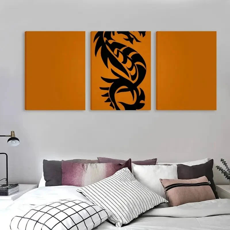 3pcs Black & Orange Modern Tribal Dragon Wall Art Set Canvas Framed 50x70cm - High Quality Print 100% Australian Made Wall Canvas Ready to Hang - Bella Home Decor