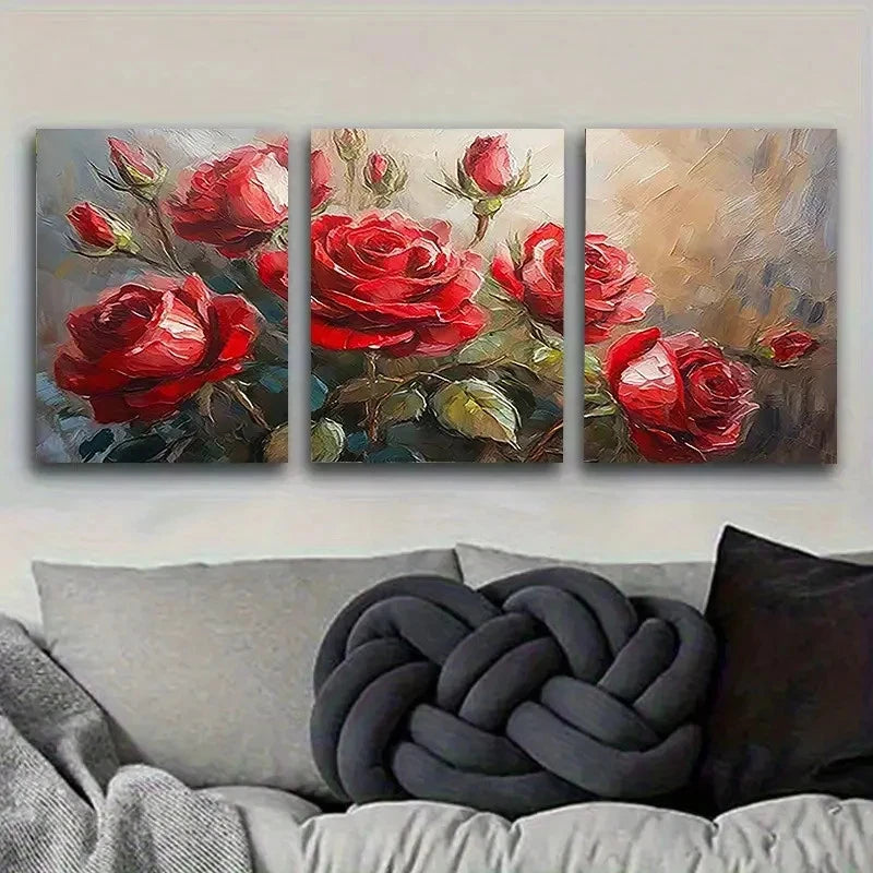 3pcs Vibrant Red Roses Oil Painting Wall Art Set Canvas Framed 50x70cm - High Quality Print 100% Australian Made Wall Canvas Ready to Hang - Bella Home Decor