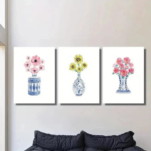 3pcs Chinese Style Blue and White Porcelain Vase Wall Art Canvas Unframed - High Quality Print 100% Australian Made Wall Canvas - Bella Home Decor