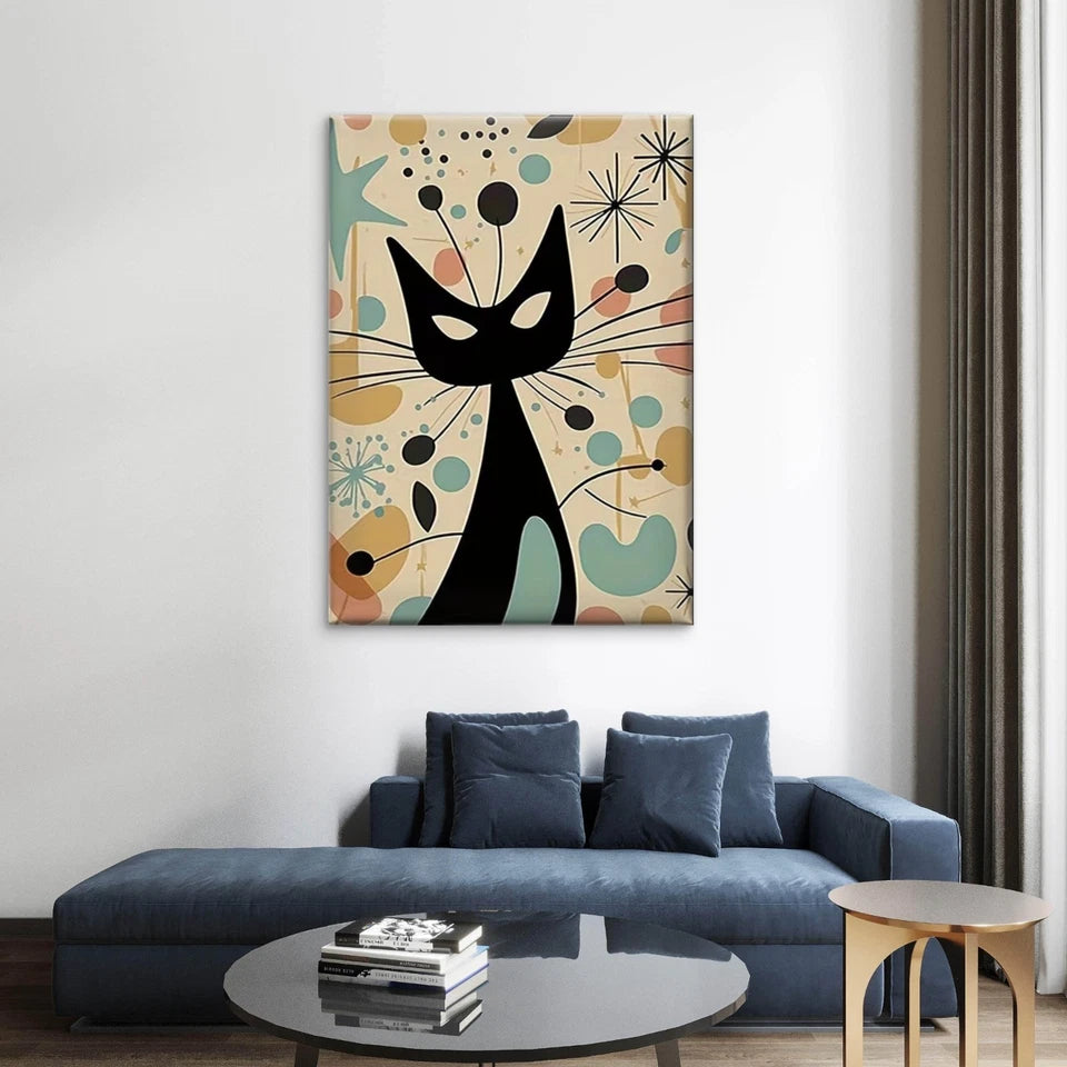 Stylized Mid-Century Modern Black Cat 40x60cm Metal Print Ready to Hang