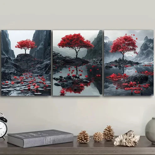 3pcs There Is A Red Maple Tree Wall Art Canvas Unframed - High Quality Print 100% Australian Made Wall Canvas