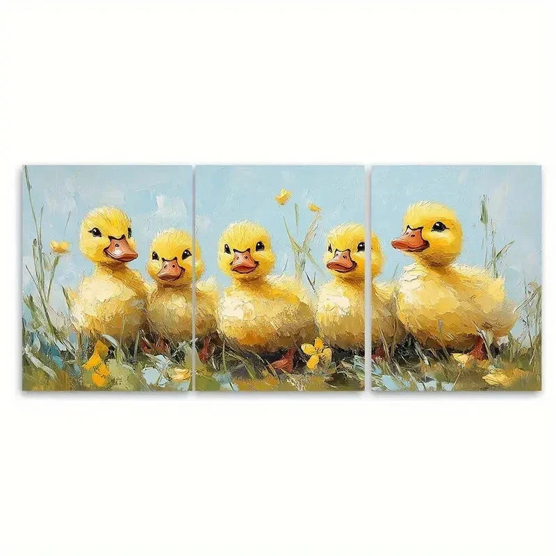 3pcs Yellow Duckling Painting Baby Duck RI Wall Art Set Canvas Framed 60x90cm - High Quality Print 100% Australian Made Wall Canvas Ready to Hang (