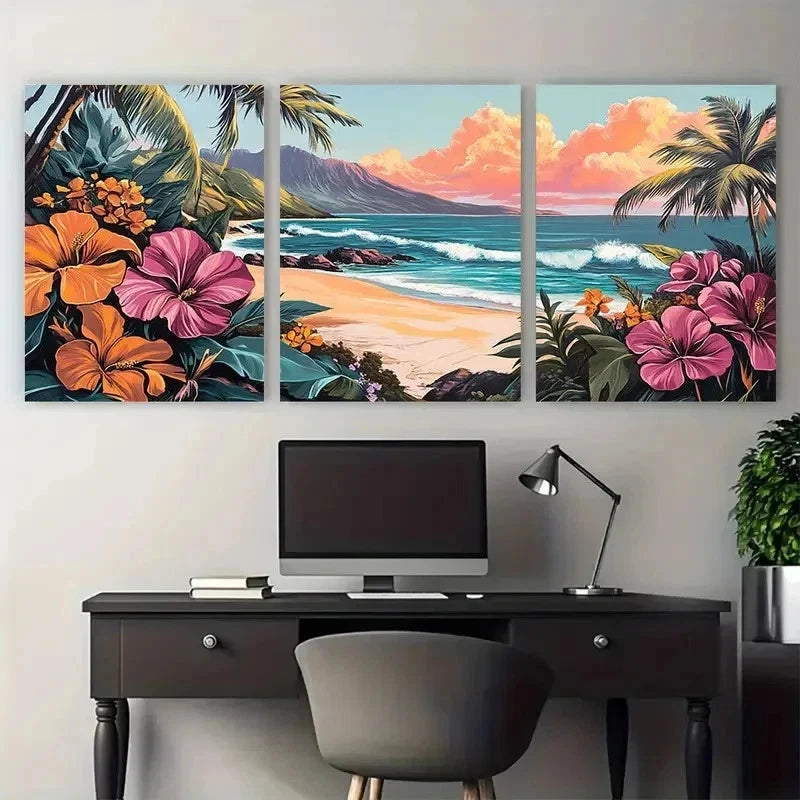 3pcs Vintage Tropical Hawaii Floral Perfect Wall Art Set Canvas Framed 50x70cm - High Quality Print 100% Australian Made Wall Canvas Ready to Hang