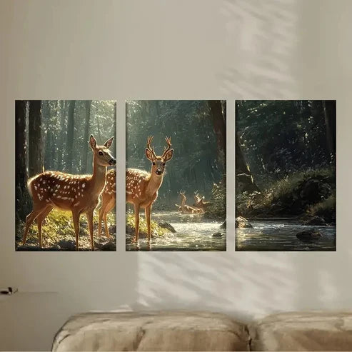3pcs Deers in the woods Wall Art Set Canvas Unframed - High Quality Print 100% Australian Made Wall Canvas - Bella Home Decor