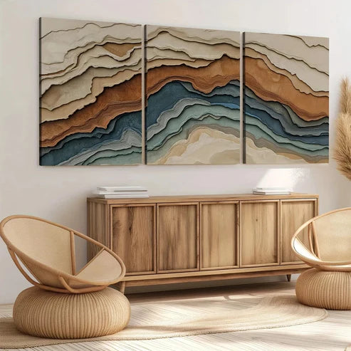 3pcs Abstract Earth Tones Blue Wave Brown Gray Art Set Canvas Unframed - High Quality Print 100% Australian Made Wall Canvas - Bella Home Decor