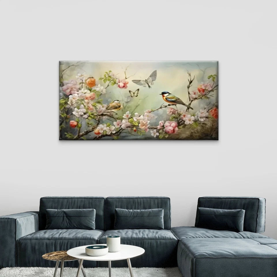 Birds And Flowers On Branch Wall Art Canvas Office Home Room Framed 120x60cm