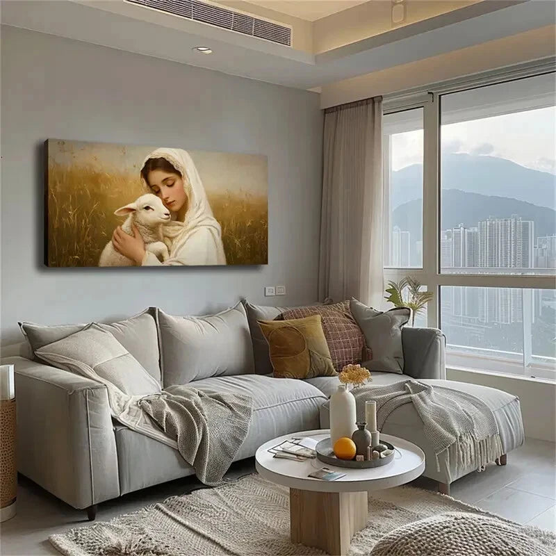 Serene Woman Lamb Nature Scene Wall Art Canvas Office Home Room Framed 120x60cm - Bella Home Decor