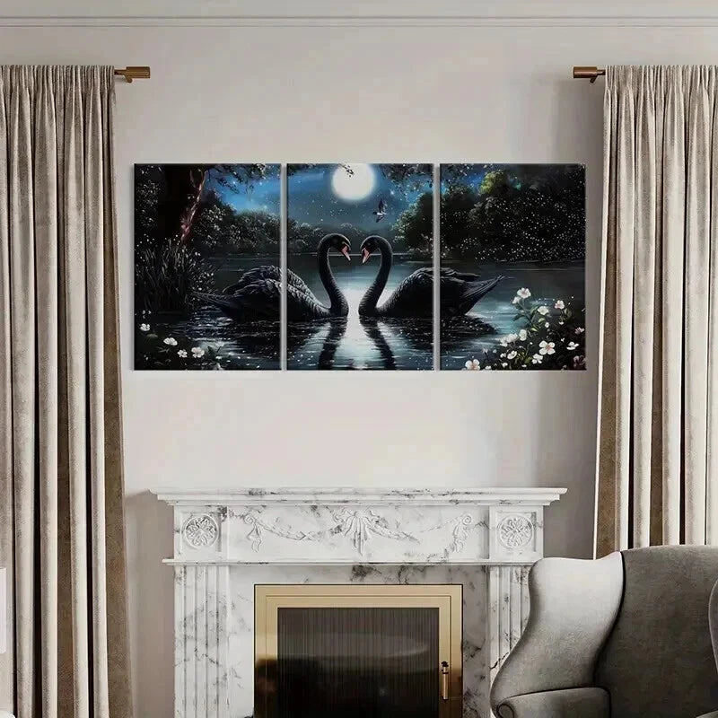 3pcs Black Swan Moonlit Night Serene Lake Wall Art Set Canvas Framed 50x70cm - High Quality Print 100% Australian Made Wall Canvas Ready to Hang - Bella Home Decor