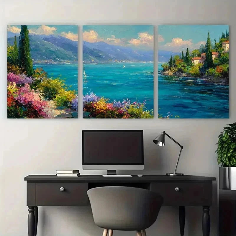 3pcs Lakeside Floral Sea Distant Sails Perfect Wall Art Set Canvas Framed 50x70cm - High Quality Print 100% Australian Made Wall Canvas Ready to Hang