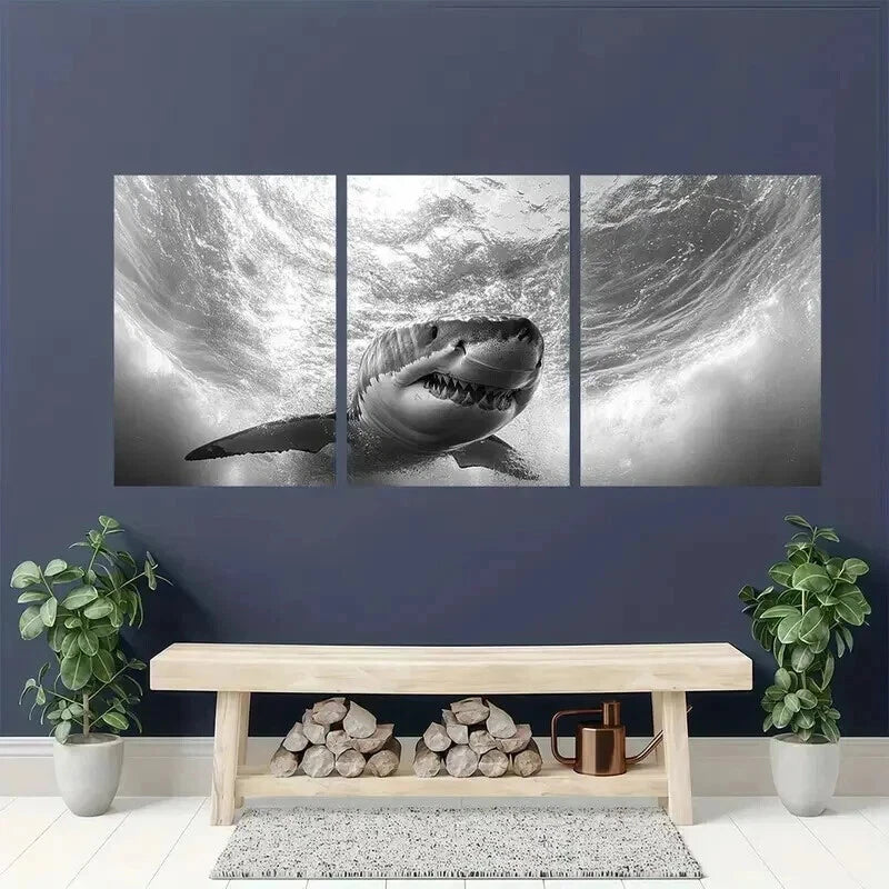 3pcs Black And White Shark Underwater Scene Wall Art Set Canvas Framed 50x70cm - High Quality Print 100% Australian Made Wall Canvas Ready to Hang - Bella Home Decor