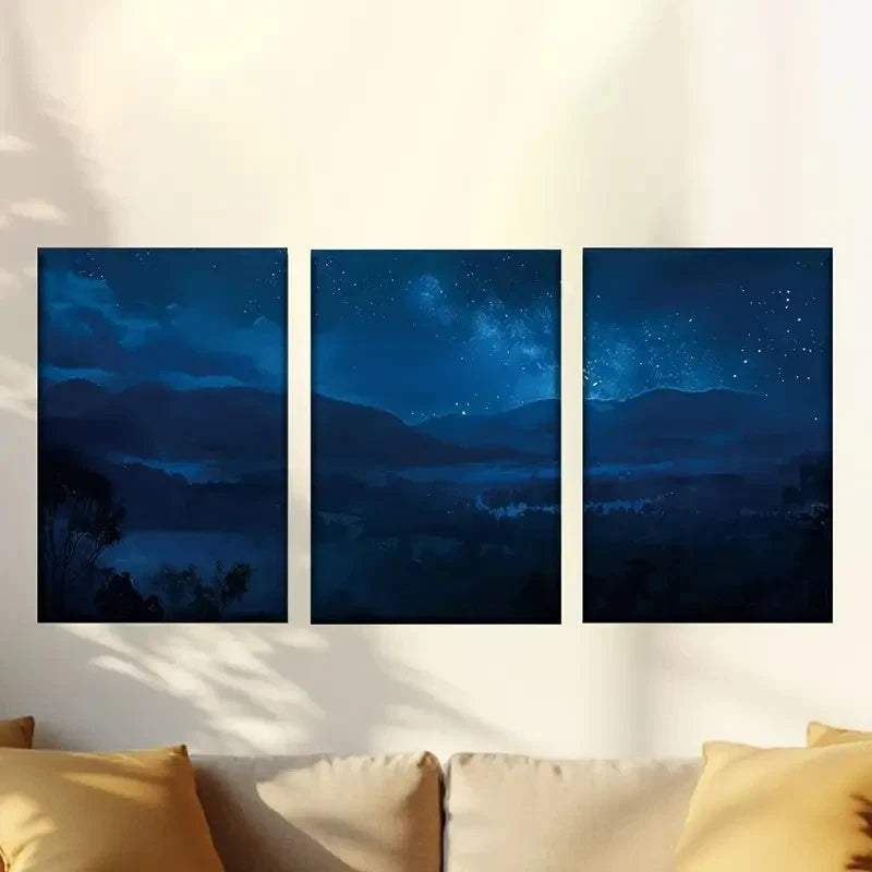 3pcs Encaustic Misty Dark Forest Night Sky 50x70cm - High Quality Print 100% Australian Made Wall Canvas Ready to Hang