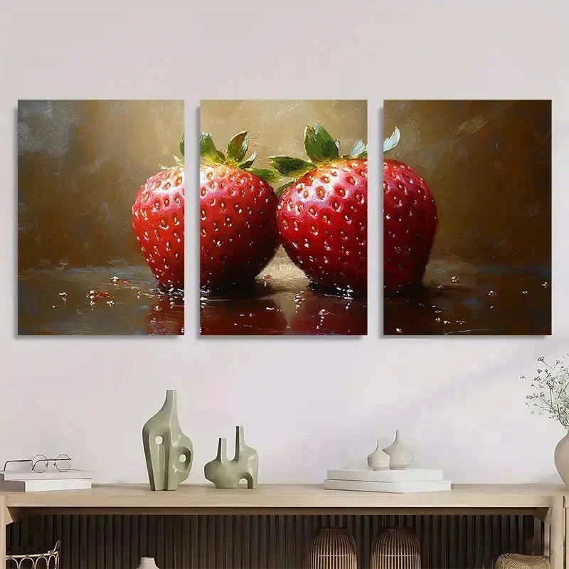 3pcs Vibrant Strawberry Realistic Perfect Wall Art Set Canvas Framed 50x70cm - High Quality Print 100% Australian Made Wall Canvas Ready to Hang