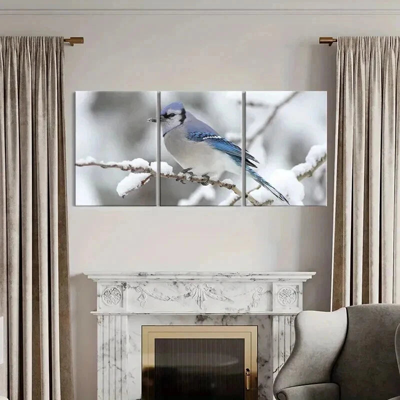 3pcs Blue Bird On A Branch Snowy Scene Wall Art Set Canvas Framed 40x60cm - High Quality Print 100% Australian Made Wall Canvas Ready to Hang - Bella Home Decor