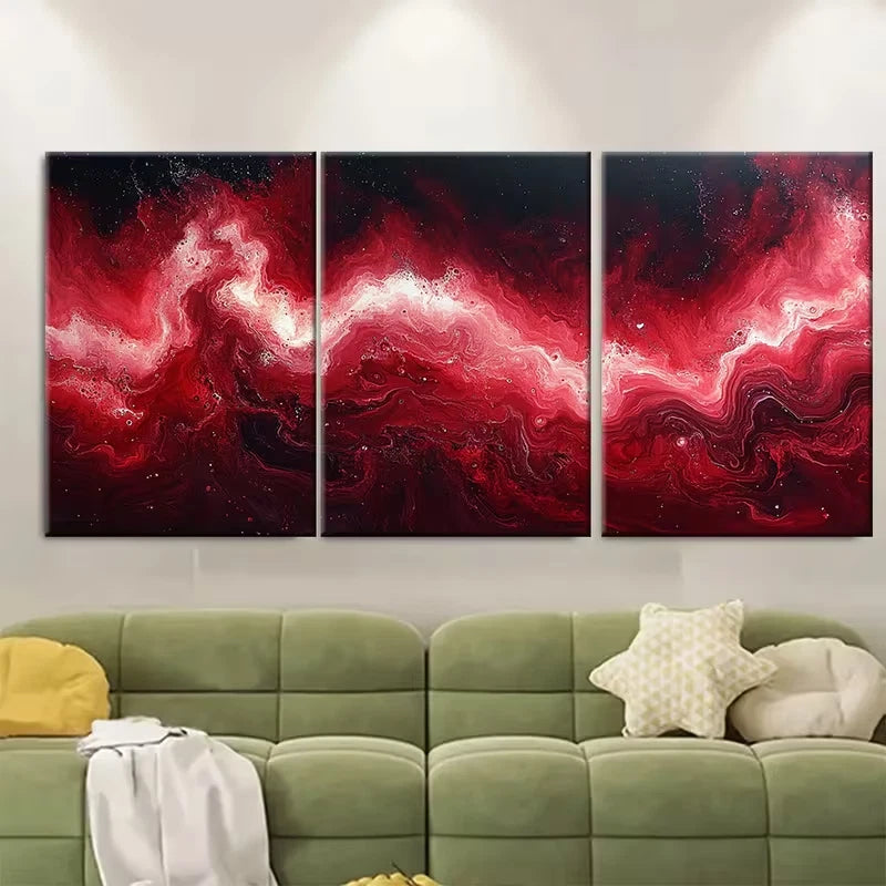 3pcs Vibrant Deep Red Abstract Marbling Metal Print Ready to Hang Art