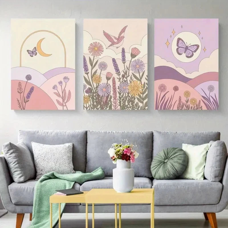 3pcs Moon, Sun, Mountains, Flowers Wall Art Set Canvas Framed 60x90cm - High Quality Print 100% Australian Made Wall Canvas Ready to Hang
