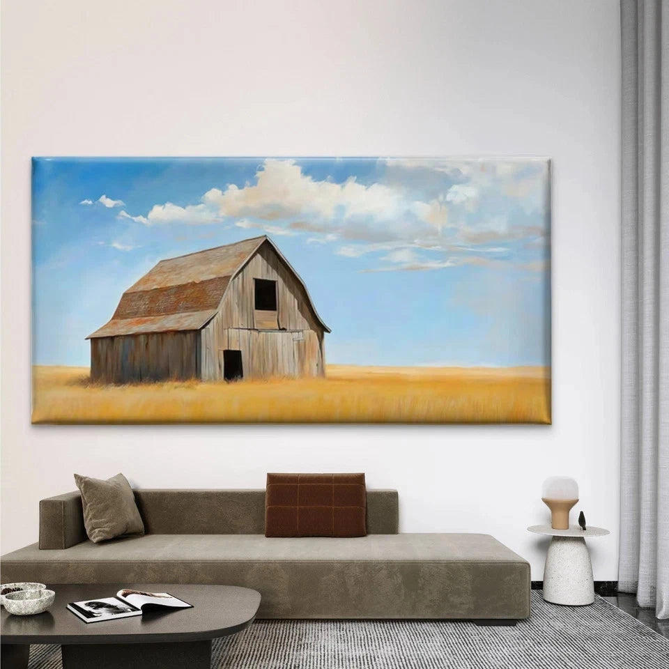 Wooden Barn in Wheat Field Wall Art Canvas Office Home Room Framed 120x60cm