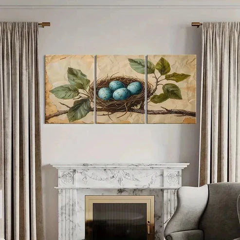 3pcs Bird's Nest Blue Eggs Green Leaves Wall Art Canvas Unframed - High Quality Print 100% Australian Made Wall Canvas