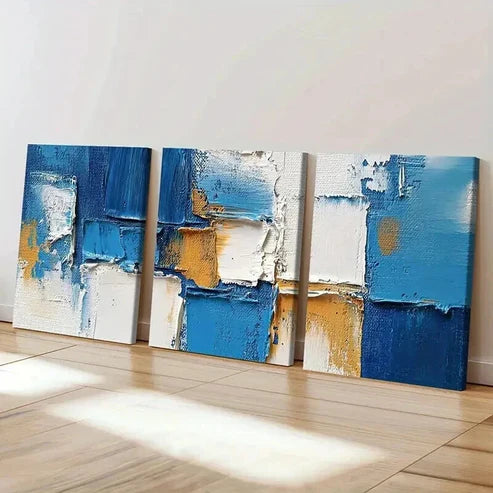 3pcs Abstract Blue Textured Geometric Wall Art Set Canvas Unframed - High Quality Print 100% Australian Made Wall Canvas - Bella Home Decor