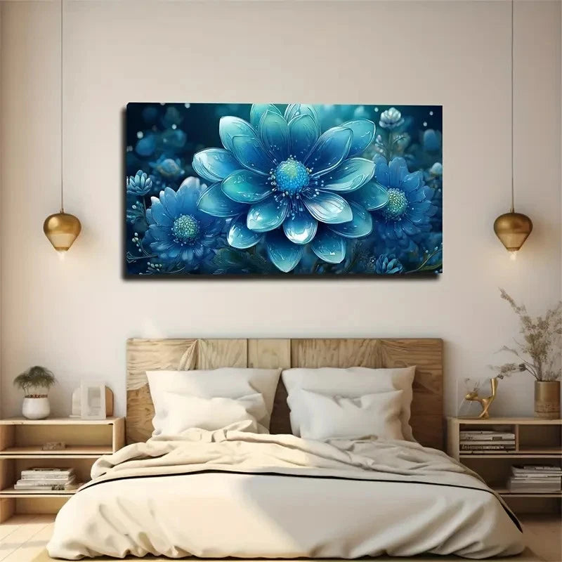 Vibrant Blue Floral Abstract Wall Art Canvas Office Home Room Framed 120x60cm