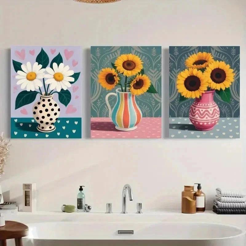 3pcs Sunflowers, Daisies, Polka Dot Wall Art Set Canvas Framed 40x60cm - High Quality Print 100% Australian Made Wall Canvas Ready to Hangn - Bella Home Decor