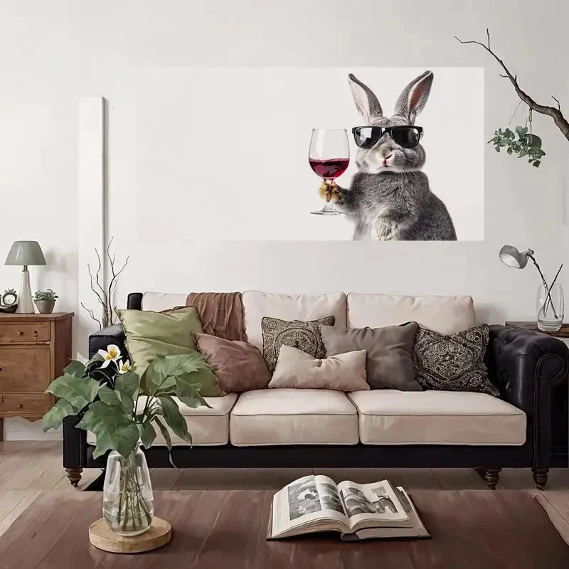 Chic Bunny Wine Glass Wall Art Canvas Office Home Room Framed 120x60cm