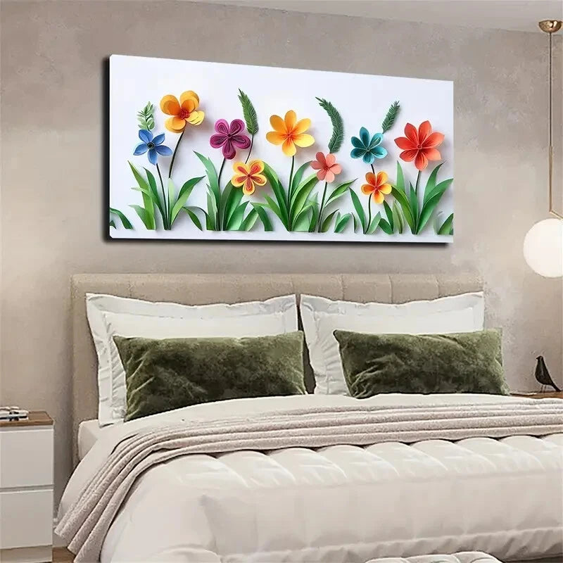 Vibrant Paper Flowers Green Wall Art Canvas Office Home Room Framed 120x60cm - Bella Home Decor