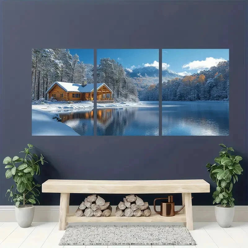 3pcs Rustic Christmas Cabin Winter Scene Wall Art Set Canvas Framed 50x70cm - High Quality Print 100% Australian Made Wall Canvas Ready to Hang