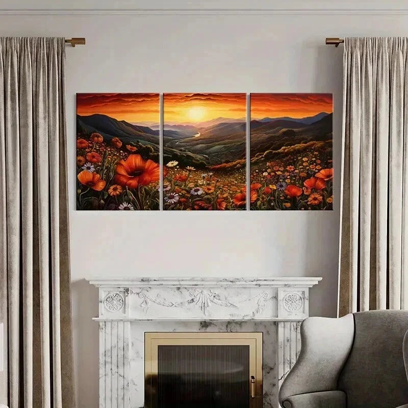 3pcs Vibrant Sunset Mountain Flower & River Wall Art Set Canvas Framed 60x90cm - High Quality Print 100% Australian Made Wall Canvas Ready to Hang - Bella Home Decor