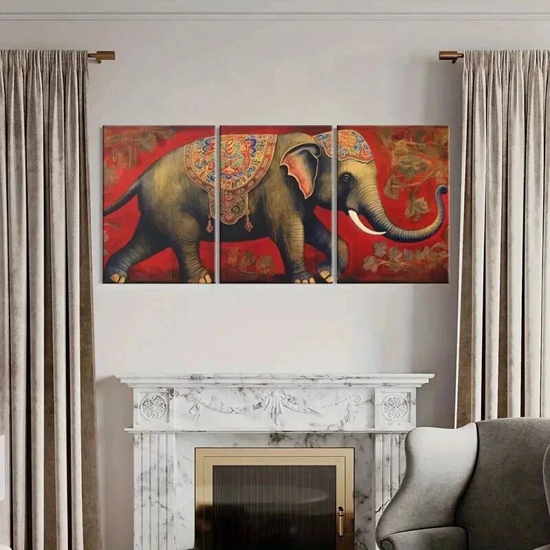3pcs Elephant Indian Style on Vintage Red Wall Art Set Canvas Framed 60x90cm - High Quality Print 100% Australian Made Wall Canvas Ready to Hang - Bella Home Decor