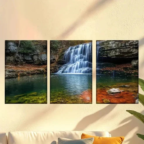 3pcs Waterfall in the Woods with a Red Rock Wall Art Canvas Unframed – High Quality Print 100% Australian Made Wall Canvas