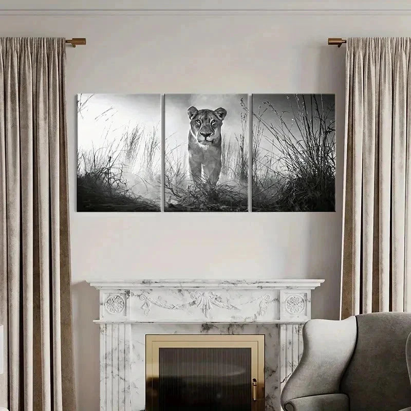 3pcs Wildlife Lion Modern Animal Painting Wall Art Set Canvas Framed 50x70cm - High Quality Print 100% Australian Made Wall Canvas Ready to Hang